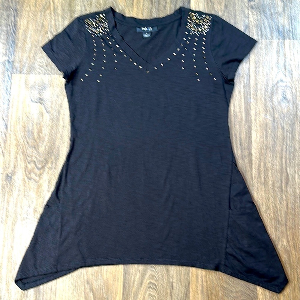 100% Cotton Studded Shirt Blouse - Black With Silver & Gold Studs
